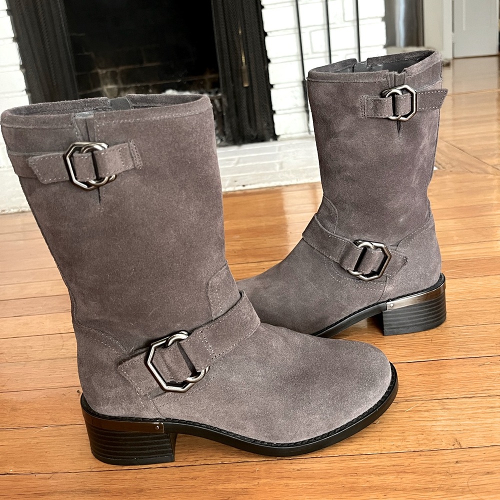 Vince Camuto Grey Suede Wadelyn Mid Calf Boots with Silver Hardware